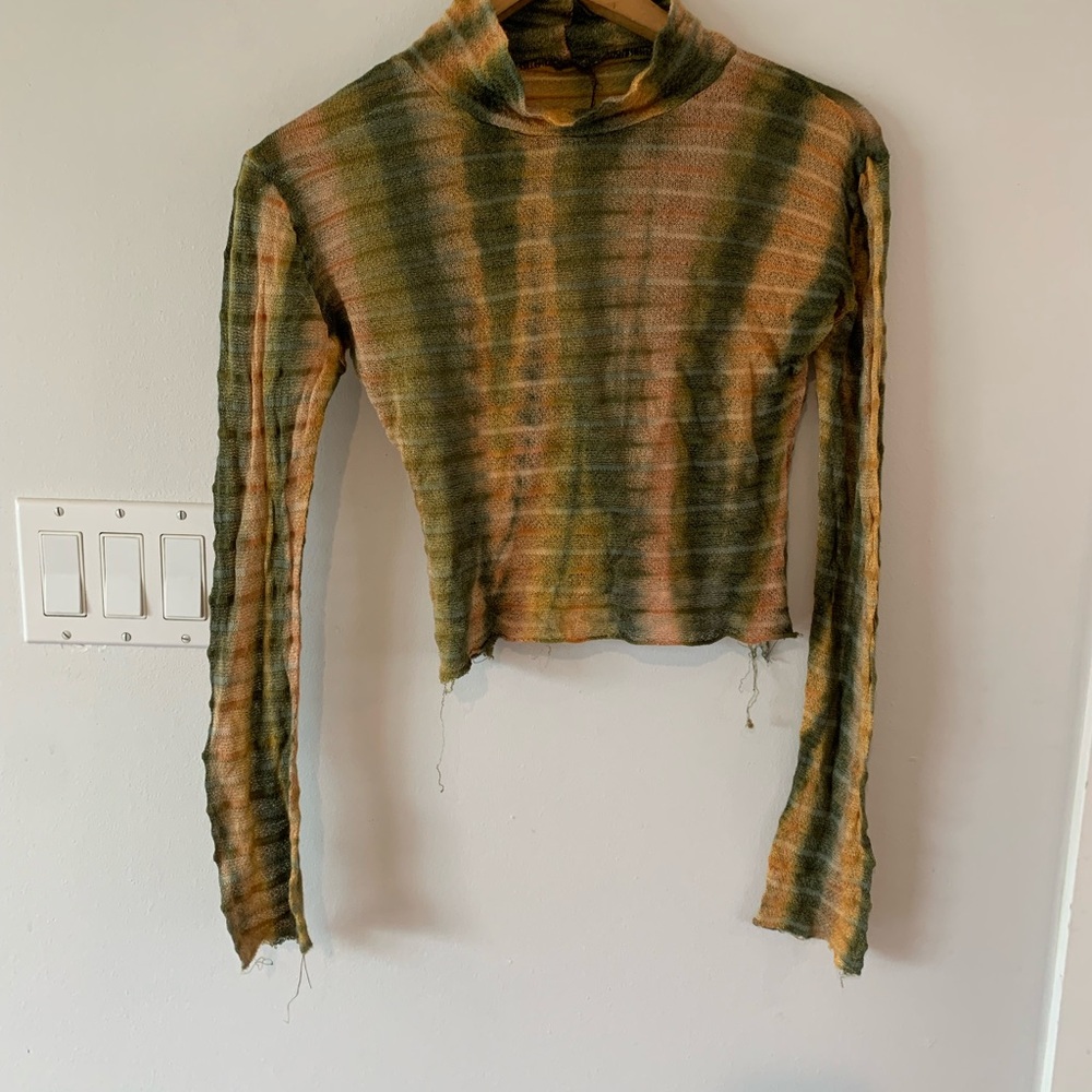 Handmade Raglan Crop Sweater Green Gold women’s stretch cowl neck Boho Artsy